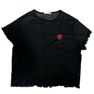 Tiny Willow Women's Black Sheer Rose Shirt Size Small Ruffle Short Sleeve Top